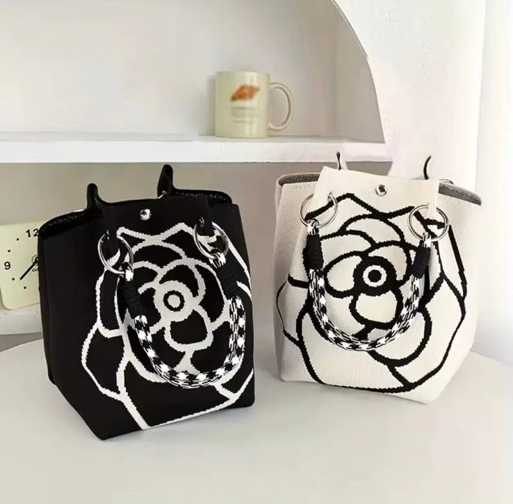 Black Flower Knit Bag